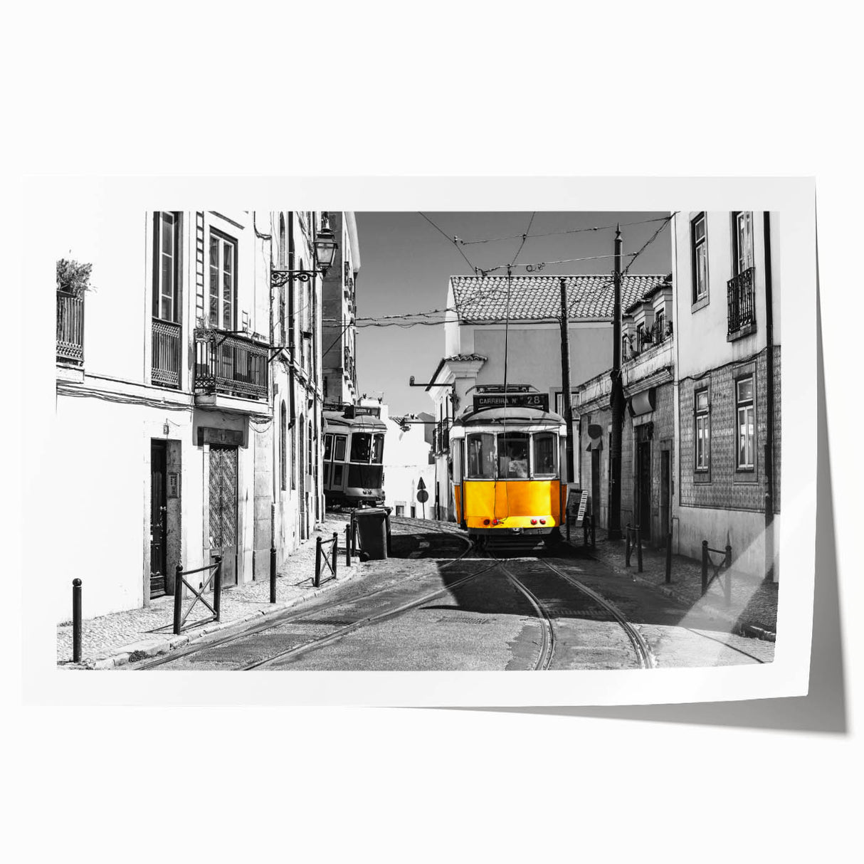 Extra large rolled print of Lisbon scenery with vibrant green and floral elements, ideal for dining room wall art.