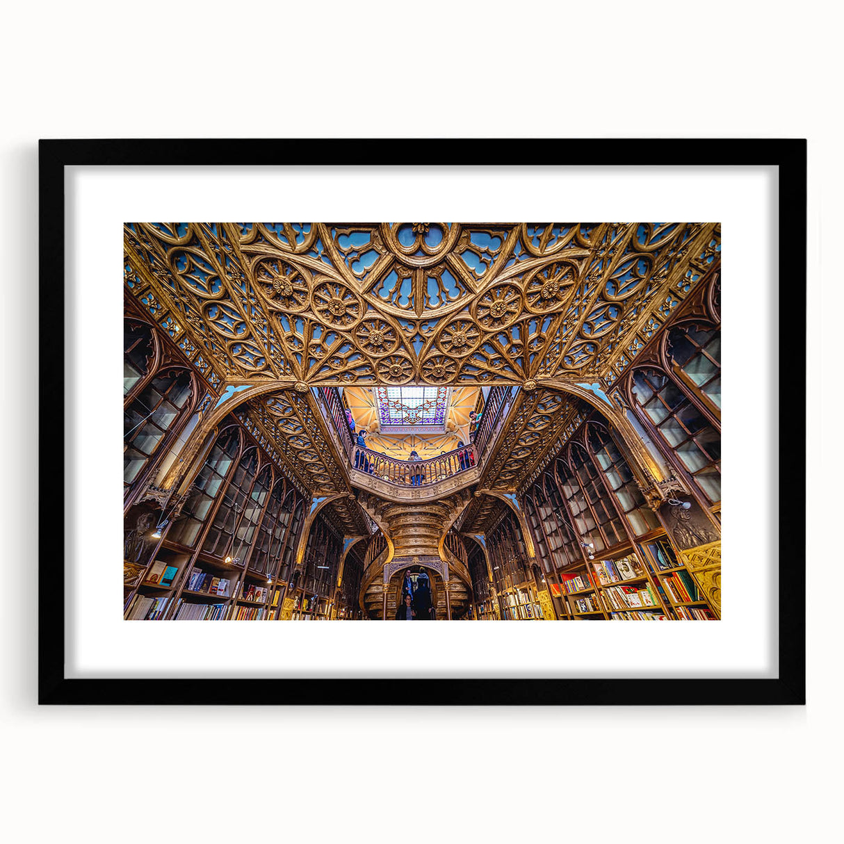 Extra large abstract art print of Porto, Portugal in vibrant colors on a textured canvas, framed in black.