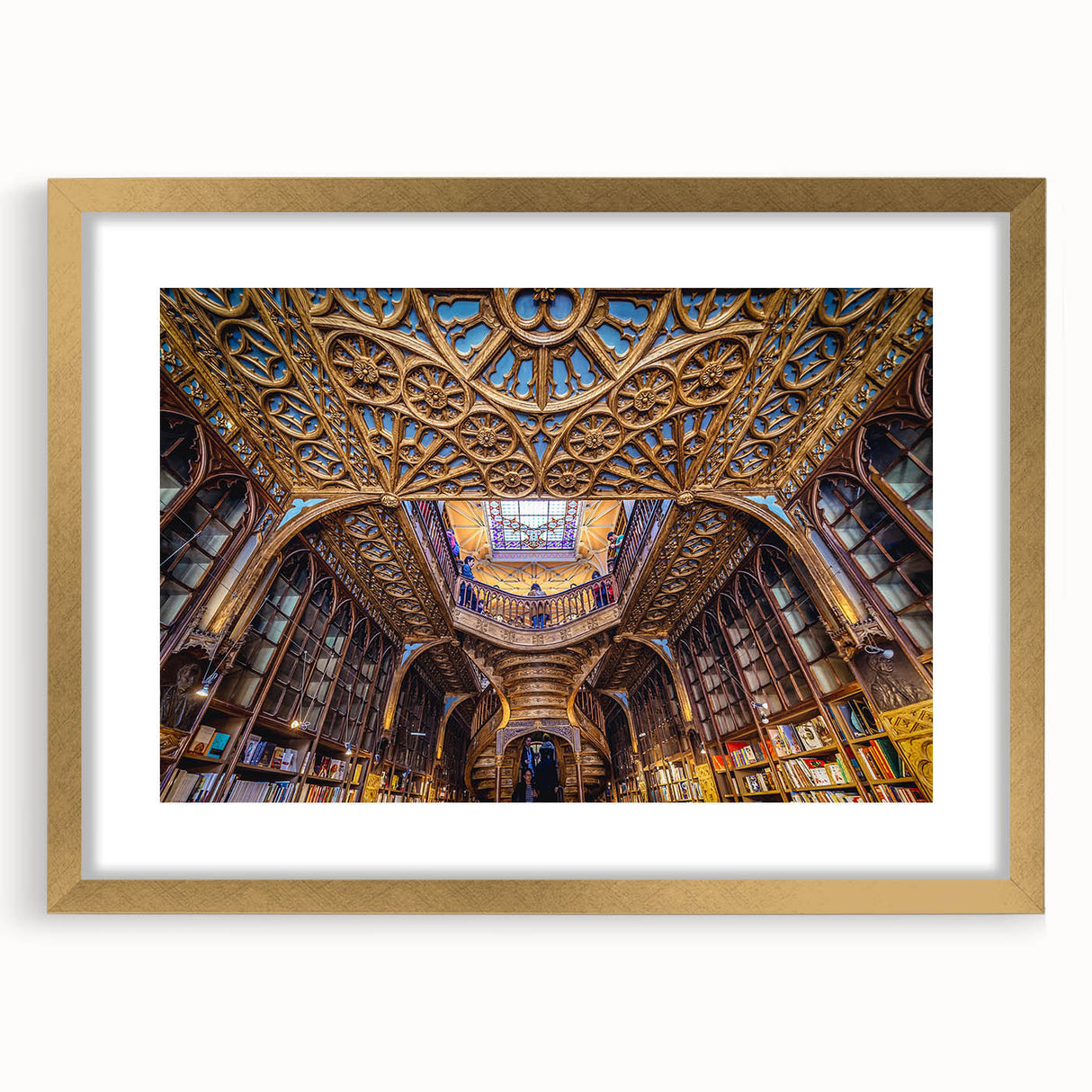 Abstract art print of Porto scenery in muted gold and blue tones, framed with a gold mat, suitable for dining room decor.