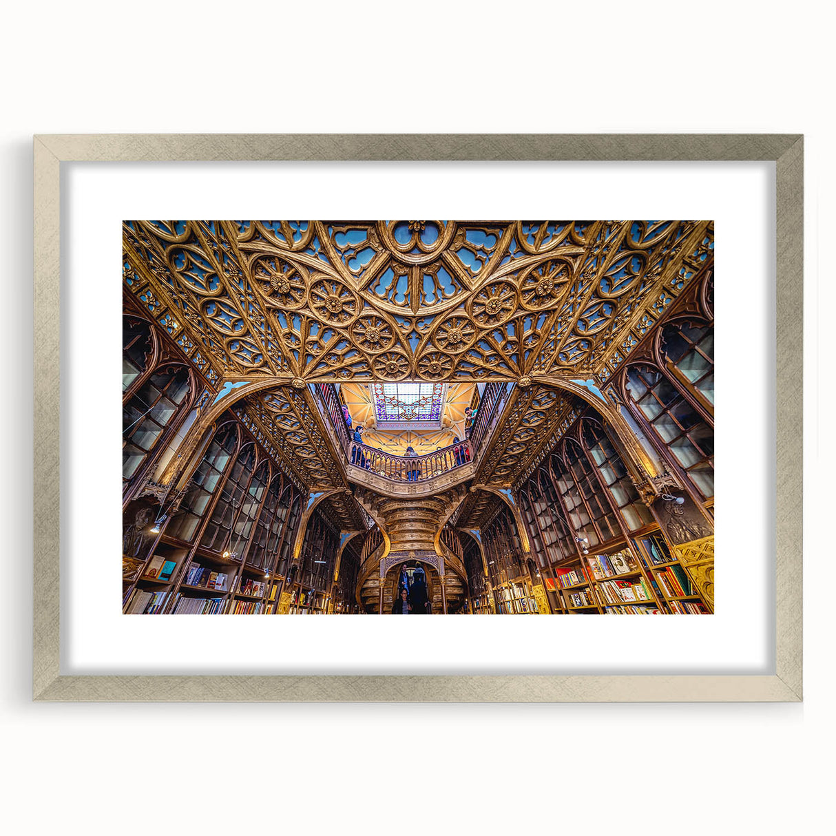 Extra large abstract art print of Porto, Portugal, in muted earth tones on a textured canvas, framed in silver.