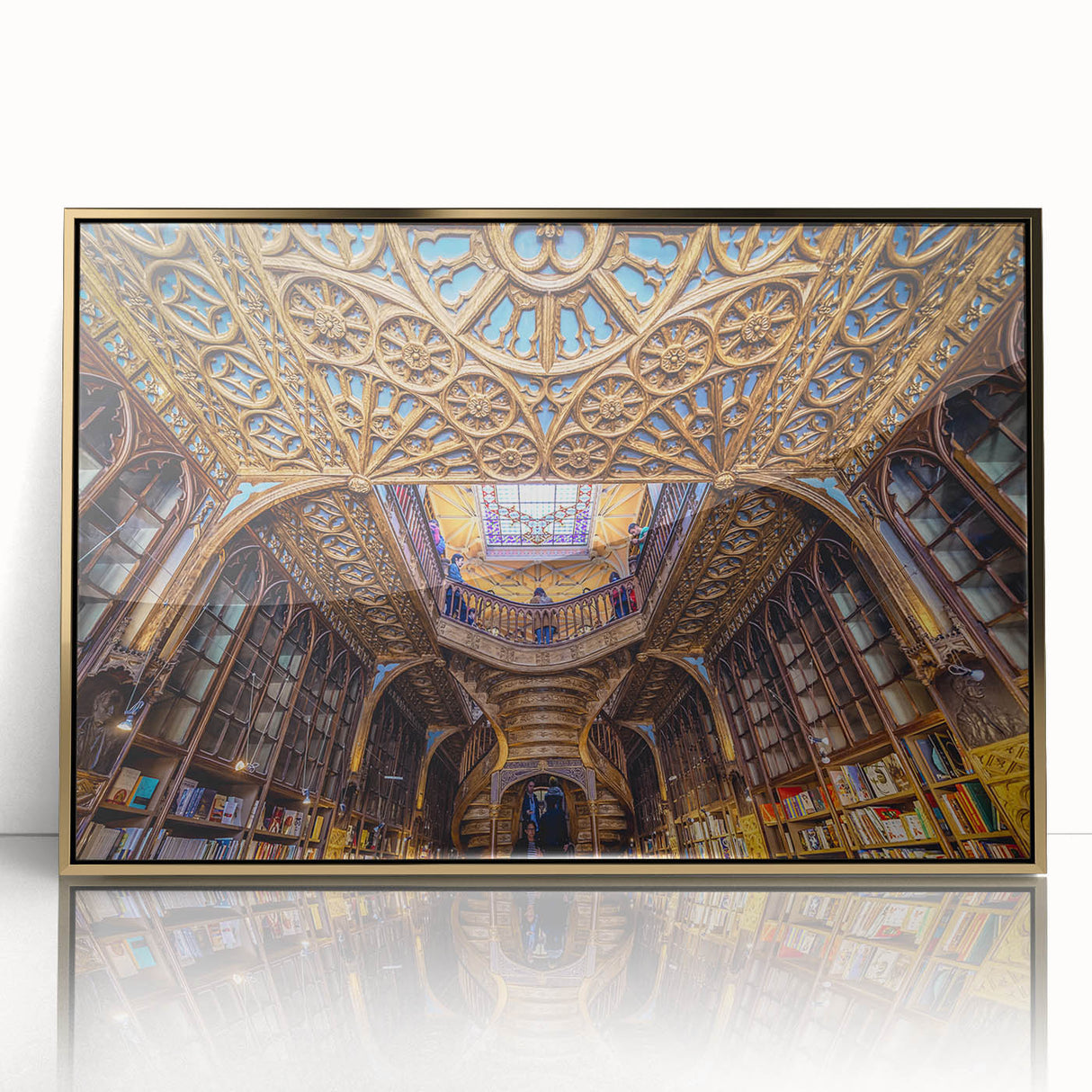 Art Deco-style poster of Porto, Portugal skyline in gold and blue tones on framed acrylic.