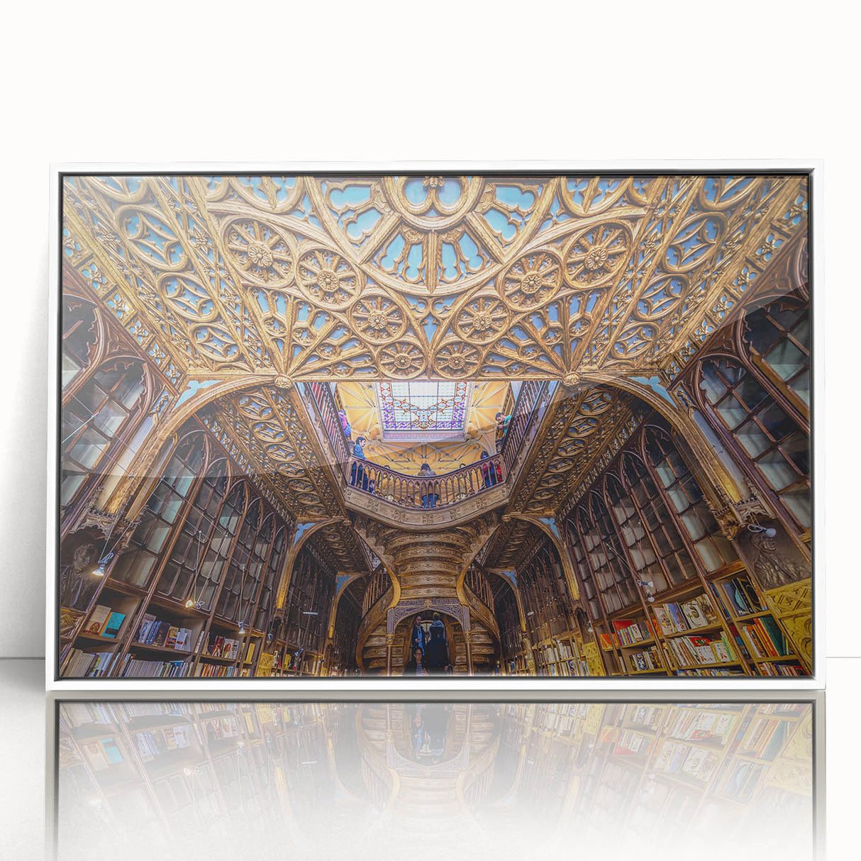 Mid-century modernist art of Porto scenery in muted blue and white tones on framed acrylic, ideal for nursery wall art.