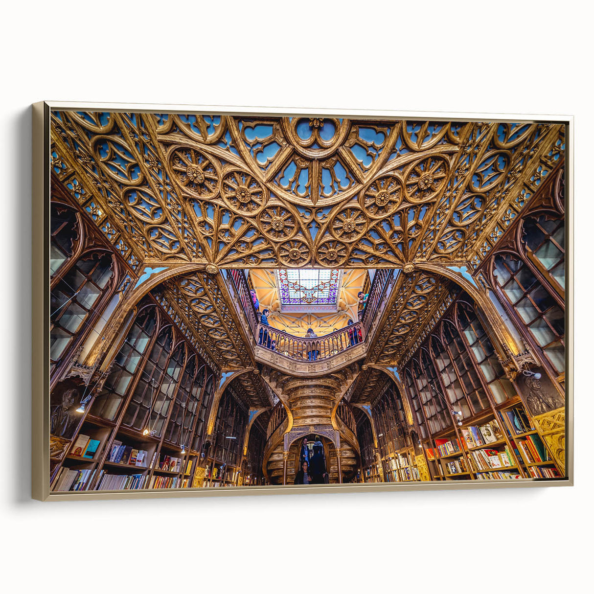 Framed canvas featuring a vintage-style landscape painting of Porto, Portugal in muted gold and black tones.
