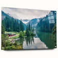 Acrylic glass print of a Romanian landscape in serene blue and green tones, ideal for bedroom or dining room decor.