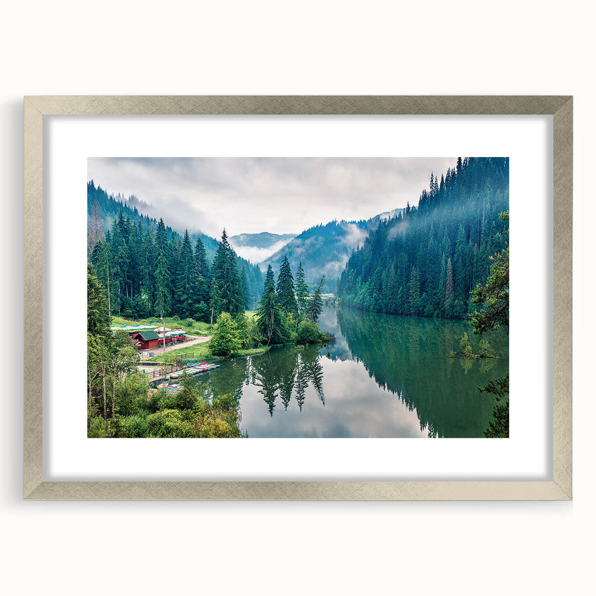 Extra large abstract art print depicting a textured European scenery in muted earth tones, framed in silver.