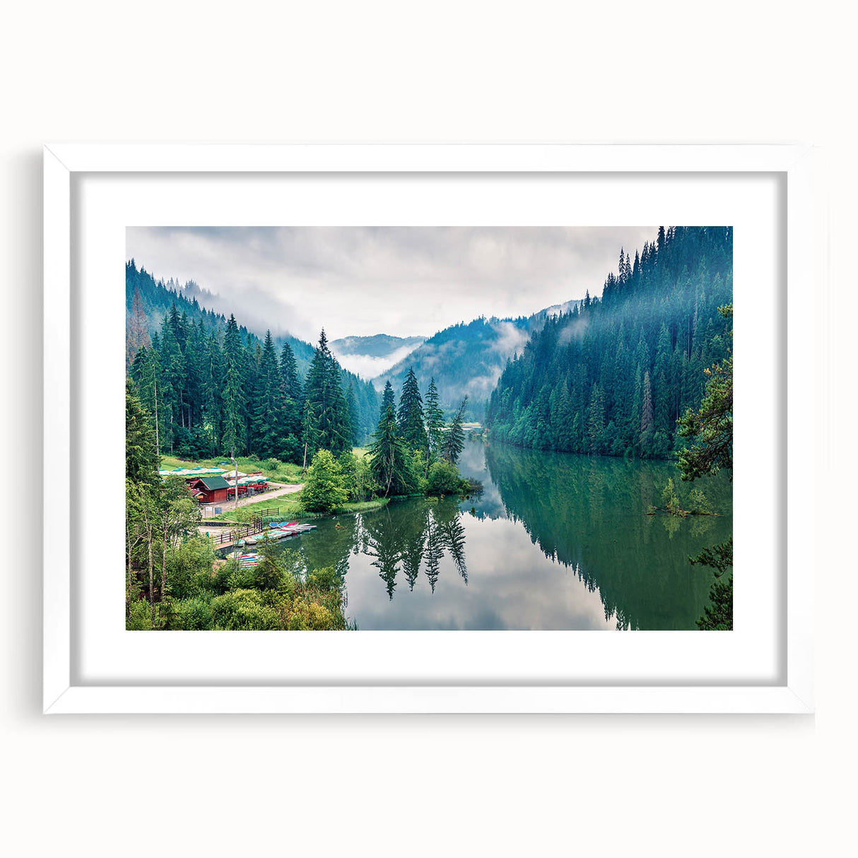 Textured abstract art print depicting a European scenery in muted earth tones on a framed white mat.
