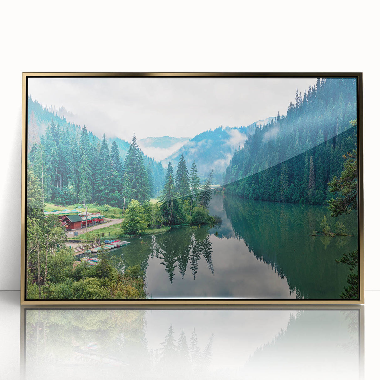 Art Deco poster of a European Romanian scenery in muted gold tones on a framed acrylic, ideal for modern art wall decor.