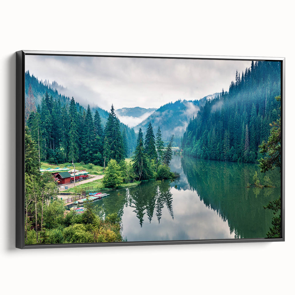 Black and white landscape art painting of a Romanian scenery on framed canvas, suitable for bedroom decor.