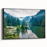 Black and white landscape art painting of a Romanian scenery on framed canvas, suitable for bedroom decor.