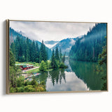 Framed canvas featuring a vintage-style landscape painting of a Romanian scenery, ideal for bedroom wall art.