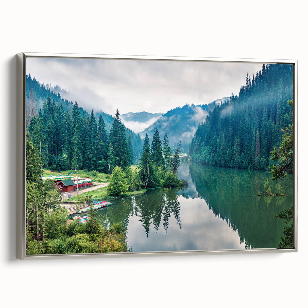 Framed canvas featuring a vintage-style landscape painting of a Romanian scenery with colorful art on a black background.