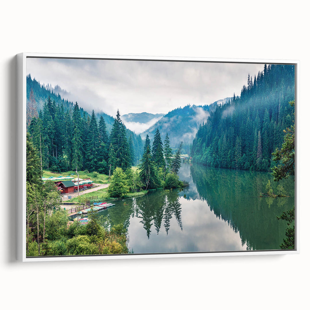 Vintage poster art of a Romanian landscape on extra large framed canvas, featuring vibrant colors against a black background.
