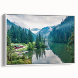 Vintage poster art of a Romanian landscape on extra large framed canvas, featuring vibrant colors against a black background.