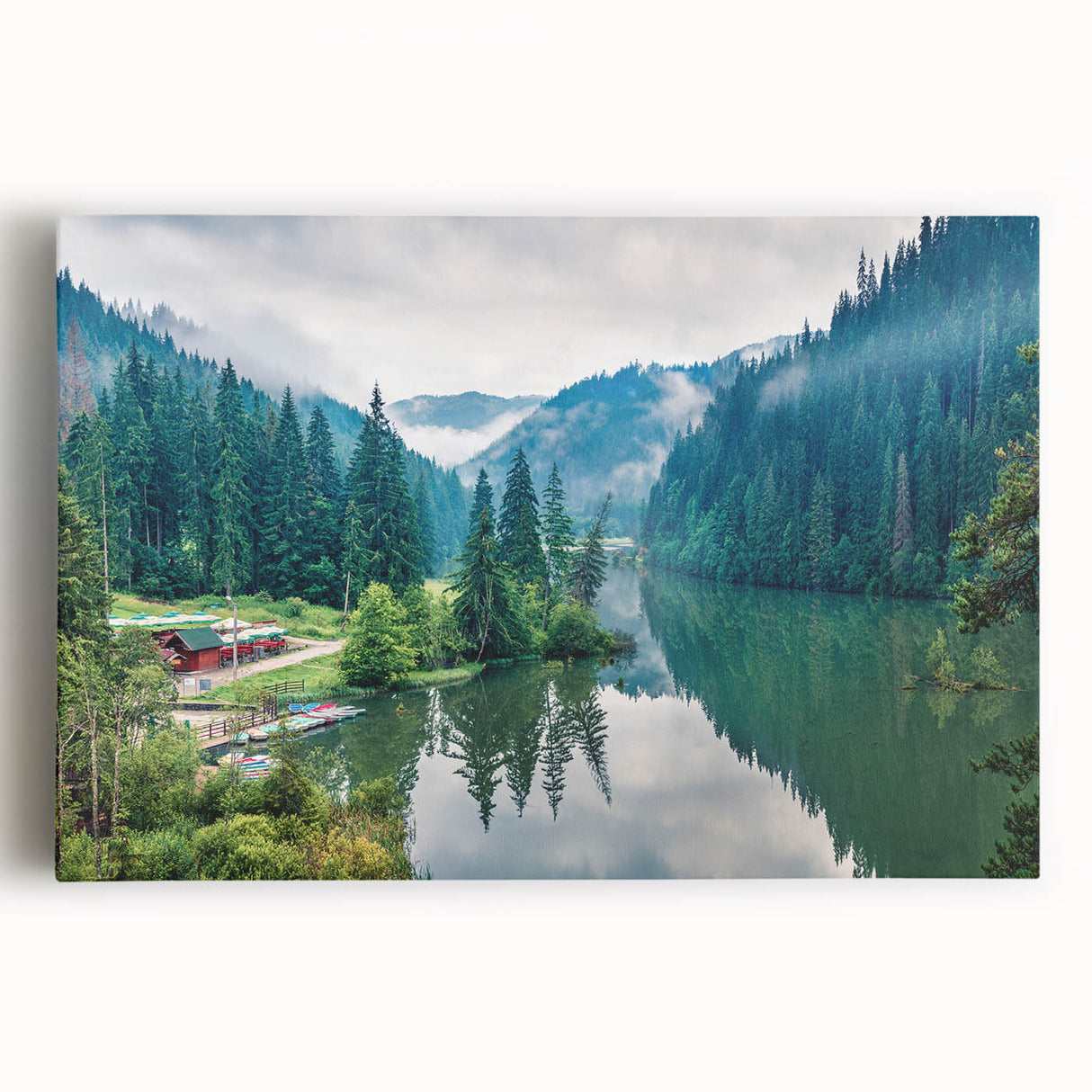 Black and white photograph of a European village on stretched canvas, ideal for kitchen wall art or bedroom decor.