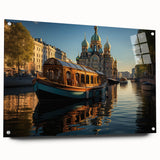 Acrylic glass print of a large abstract depiction of the Petersburg skyline in cool blue and gray tones.