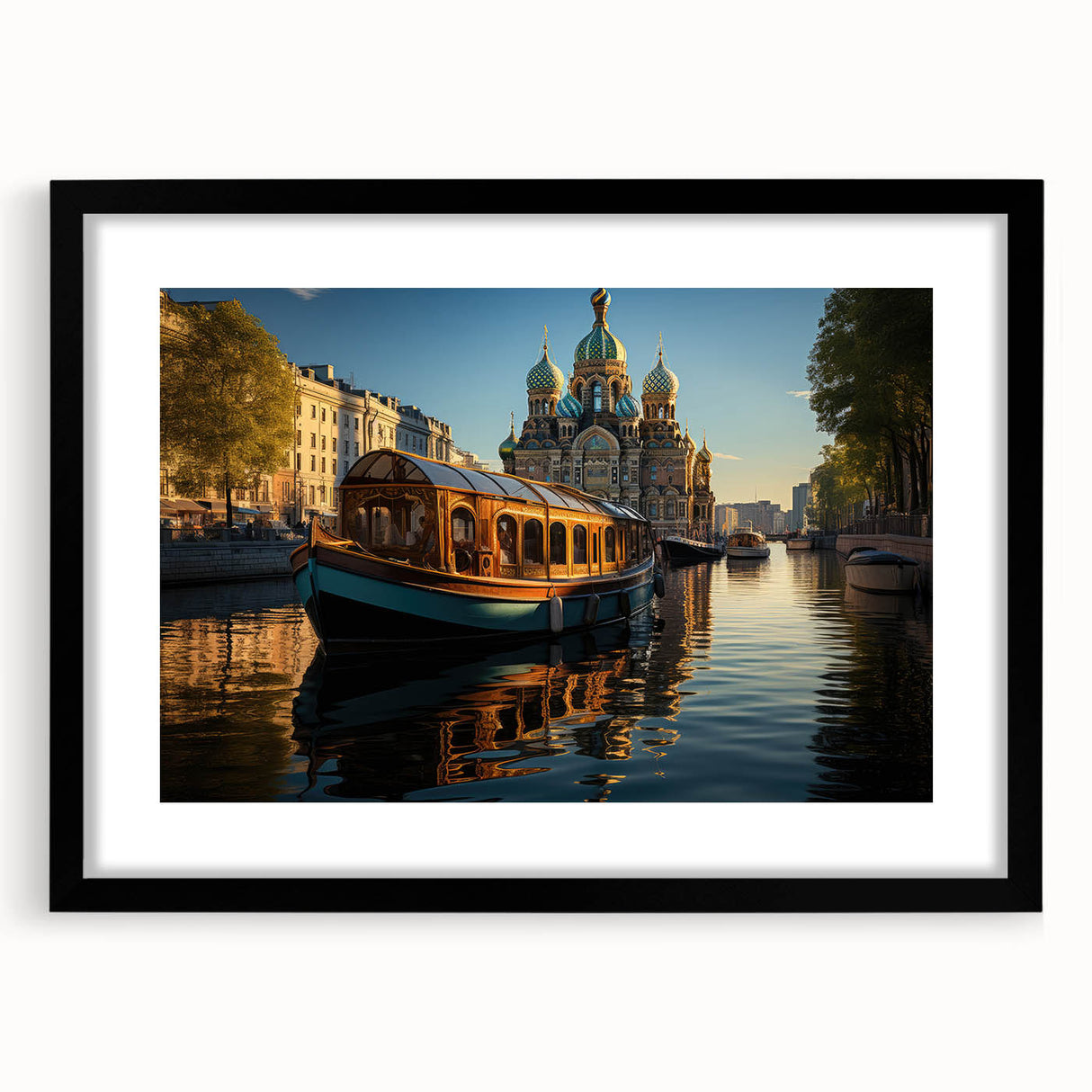Extra large abstract art print depicting a colorful, textured scene of Petersburg in a black frame.