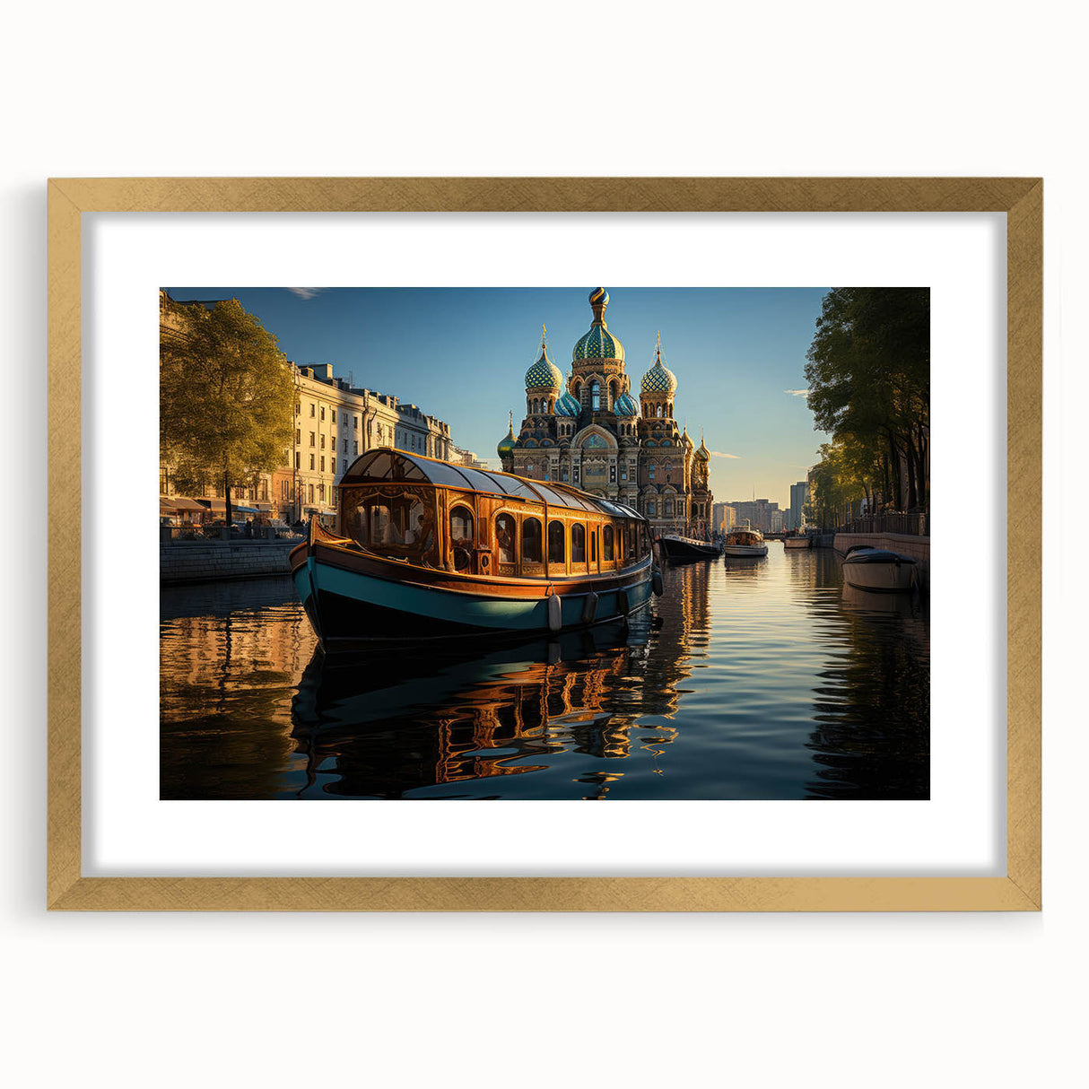Abstract art print of a European cityscape in muted gray and gold tones, framed with a gold mat.