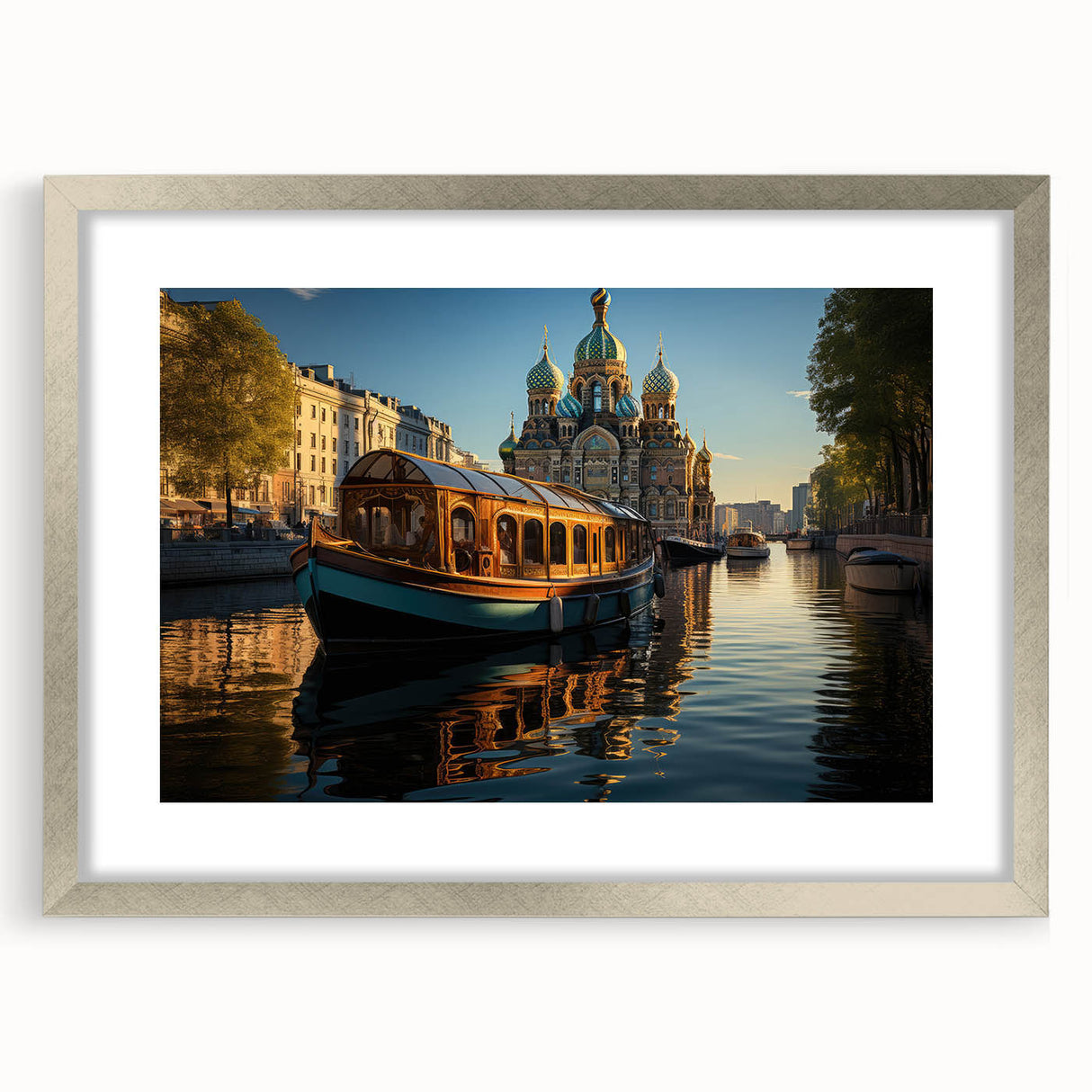 Extra large abstract art print of a textured European cityscape in muted gray tones, framed in silver.