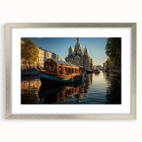 Extra large abstract art print of a textured European cityscape in muted gray tones, framed in silver.