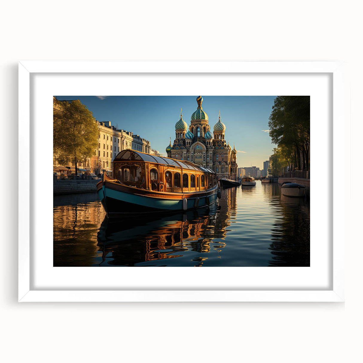 Textured abstract art print of a European cityscape in muted gray and blue tones, framed with a white mat.