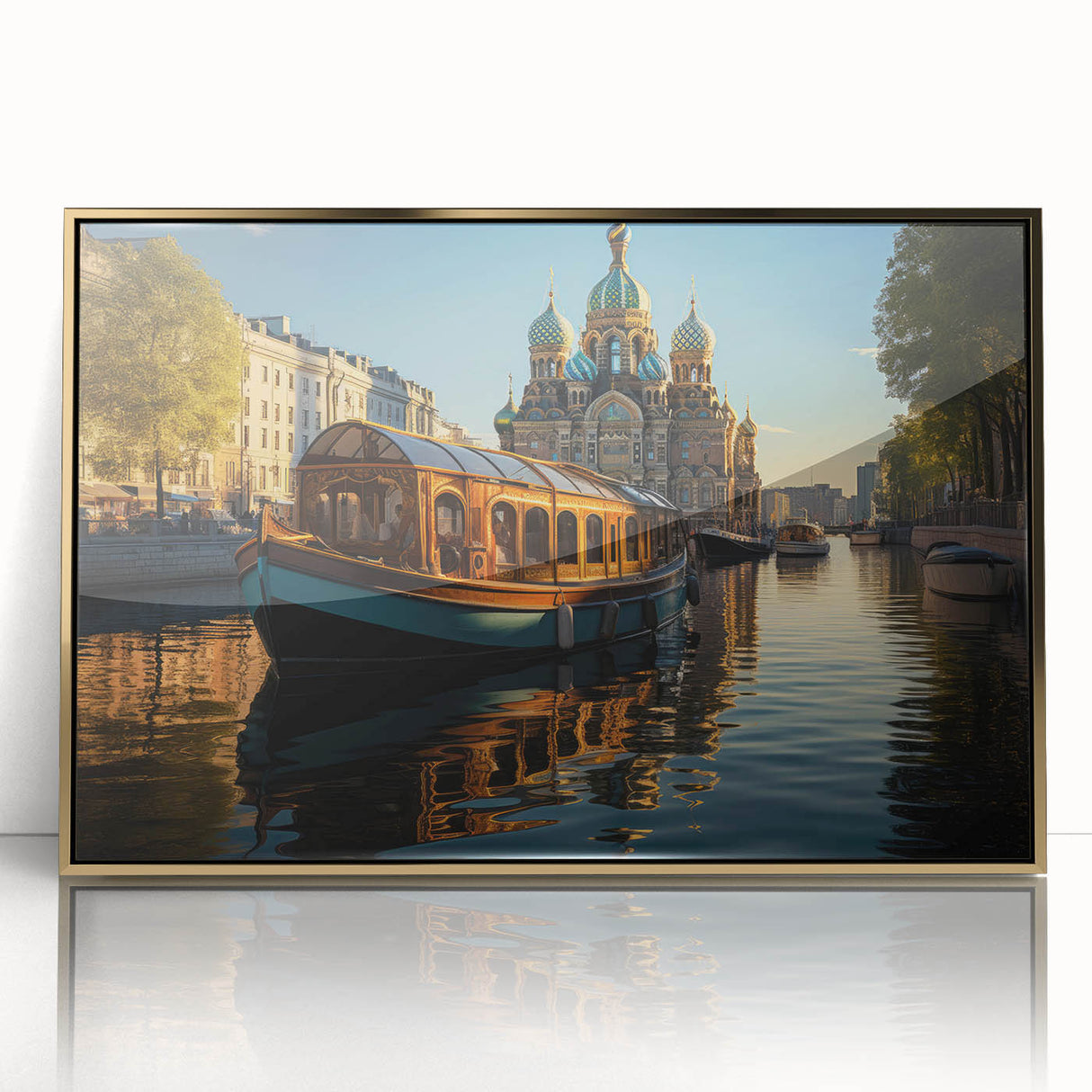 Acrylic print of a European cityscape in art deco style, featuring soft gold and blue tones.