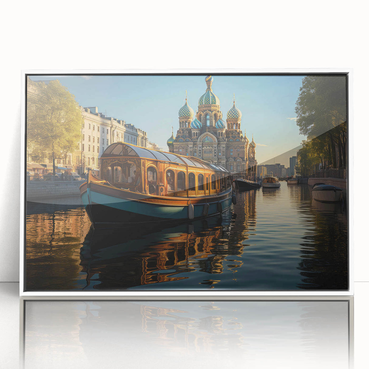 Mid-century modernist art of St. Petersburg scenery in muted colors on white framed acrylic, ideal for nursery wall art.