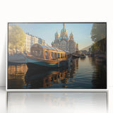 Mid-century modernist art of St. Petersburg scenery in muted colors on white framed acrylic, ideal for nursery wall art.