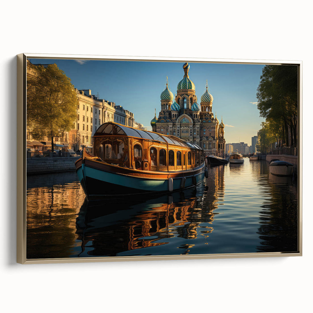 Framed canvas depicting a vintage-style landscape of St. Petersburg in muted gold and black, ideal for bedroom wall art.