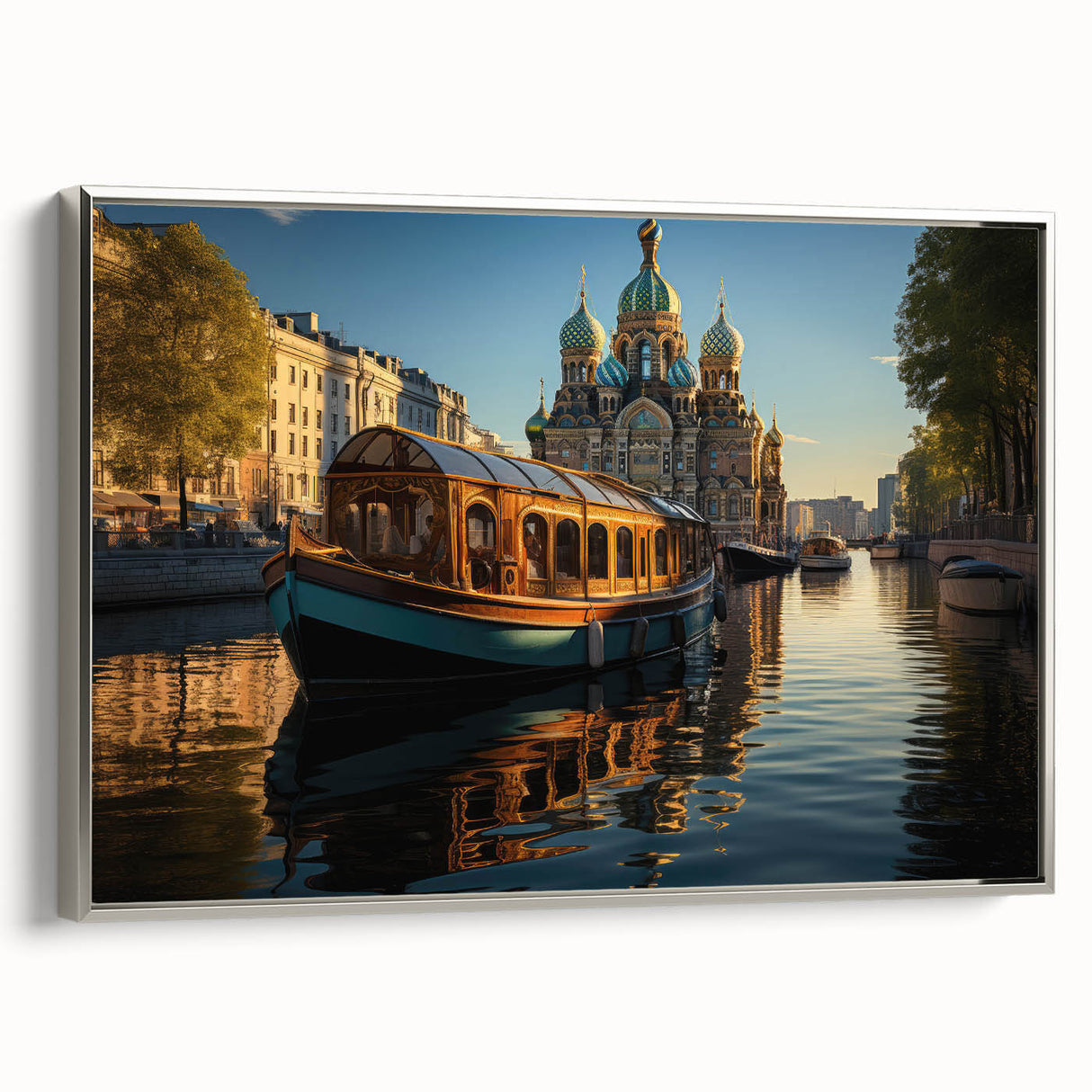 Landscape art painting of a vintage Petersburg scenery in colorful hues on a black framed canvas.