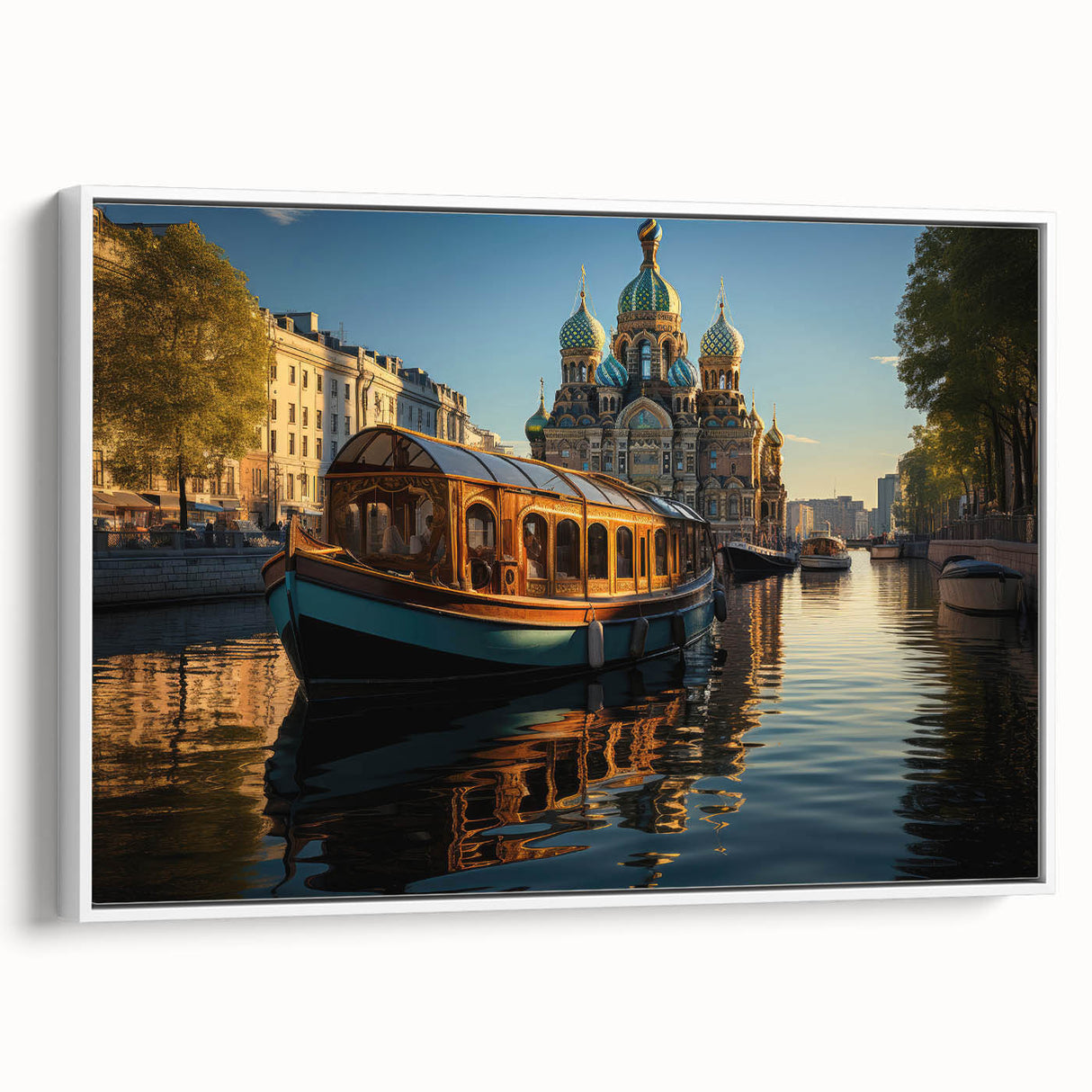 Vintage poster art of St. Petersburg with colorful accents on a large framed canvas, ideal for living room decor.