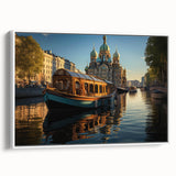 Vintage poster art of St. Petersburg with colorful accents on a large framed canvas, ideal for living room decor.