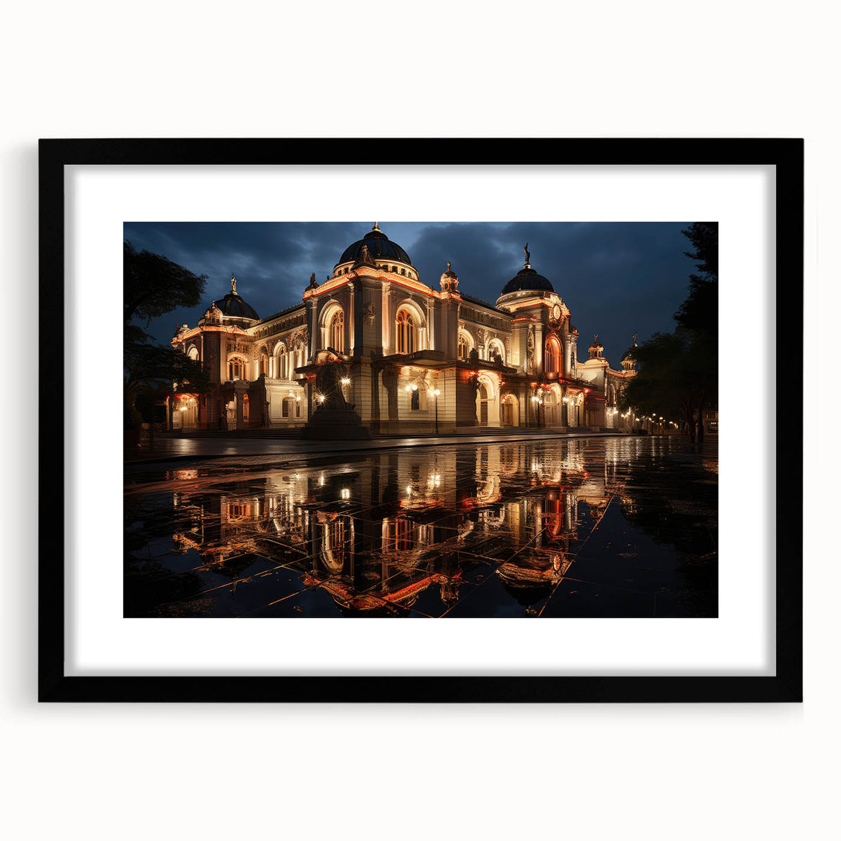 Extra large abstract art print of colorful, textured scenery depicting Sochi, Russia, in a black frame with mat.