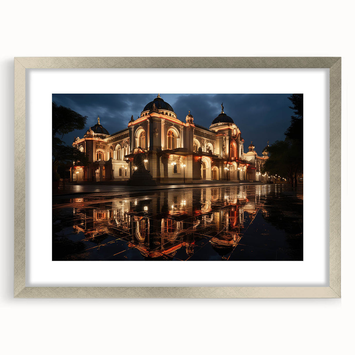Extra large abstract art print of a textured European scenery in silver frame, ideal for living room decor.