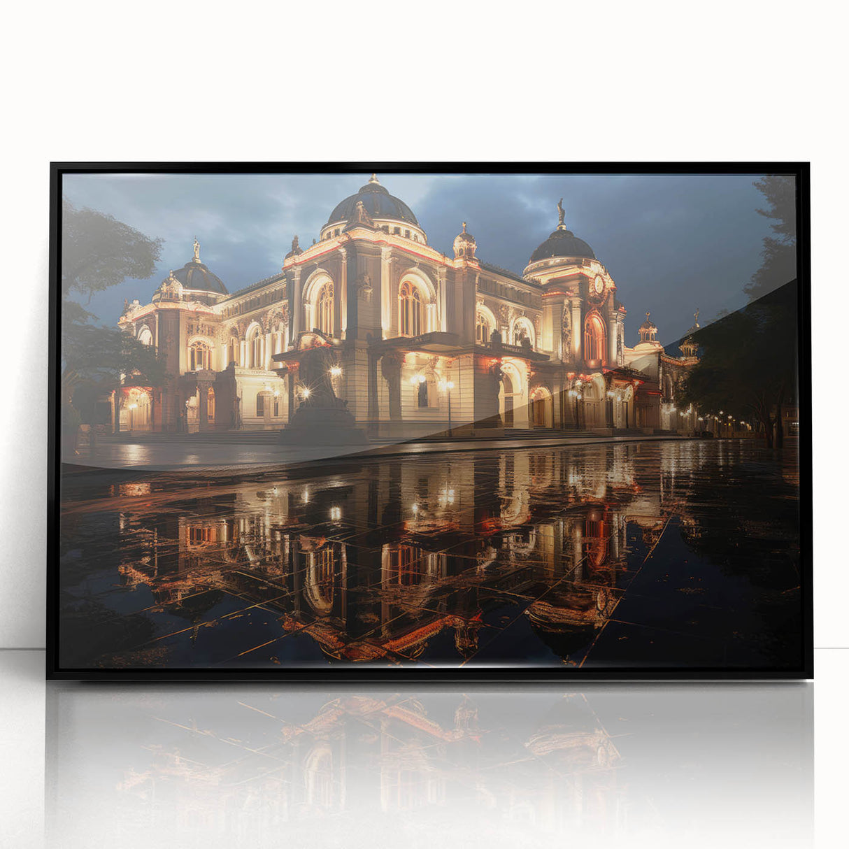 Large abstract wall art depicting a European cityscape in Sochi, with muted earth tones on a black framed acrylic print.