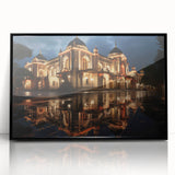 Large abstract wall art depicting a European cityscape in Sochi, with muted earth tones on a black framed acrylic print.