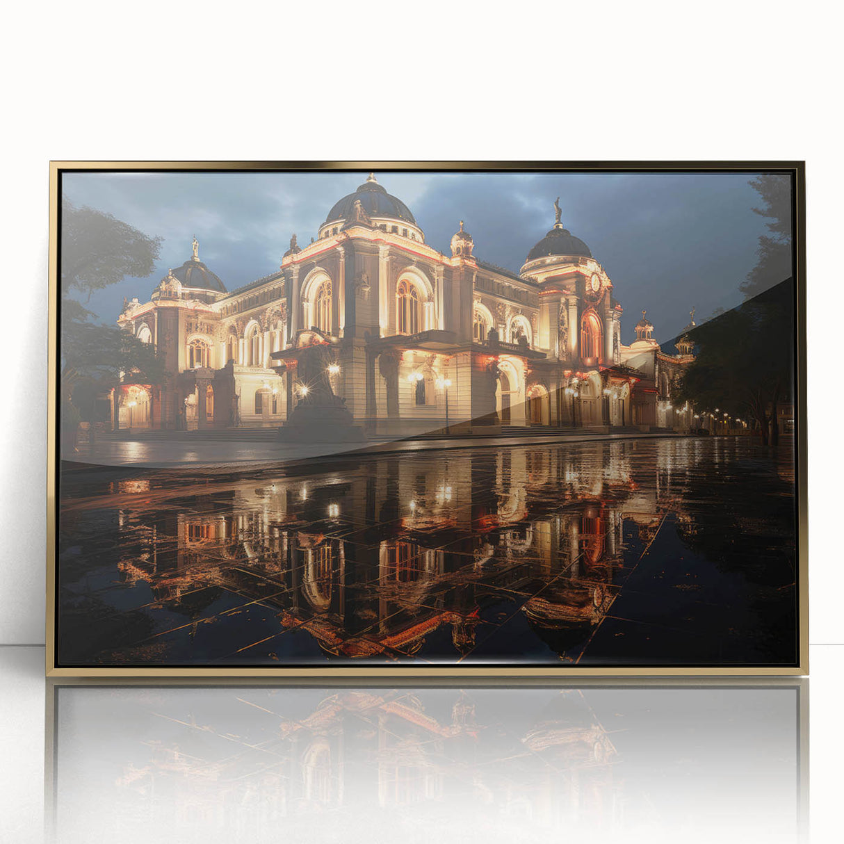 Art deco poster of Sochi scenery, featuring muted gold and blue tones on a framed acrylic, ideal for modern art wall decor.
