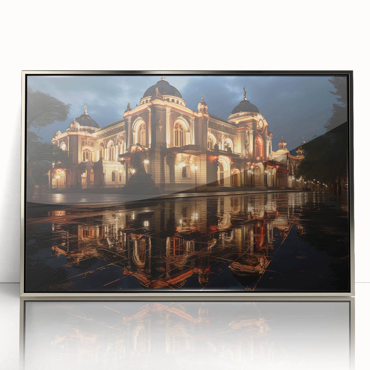 Mid-century modernist acrylic print of Sochi landscape in silver frame, ideal for modern art wall decor.