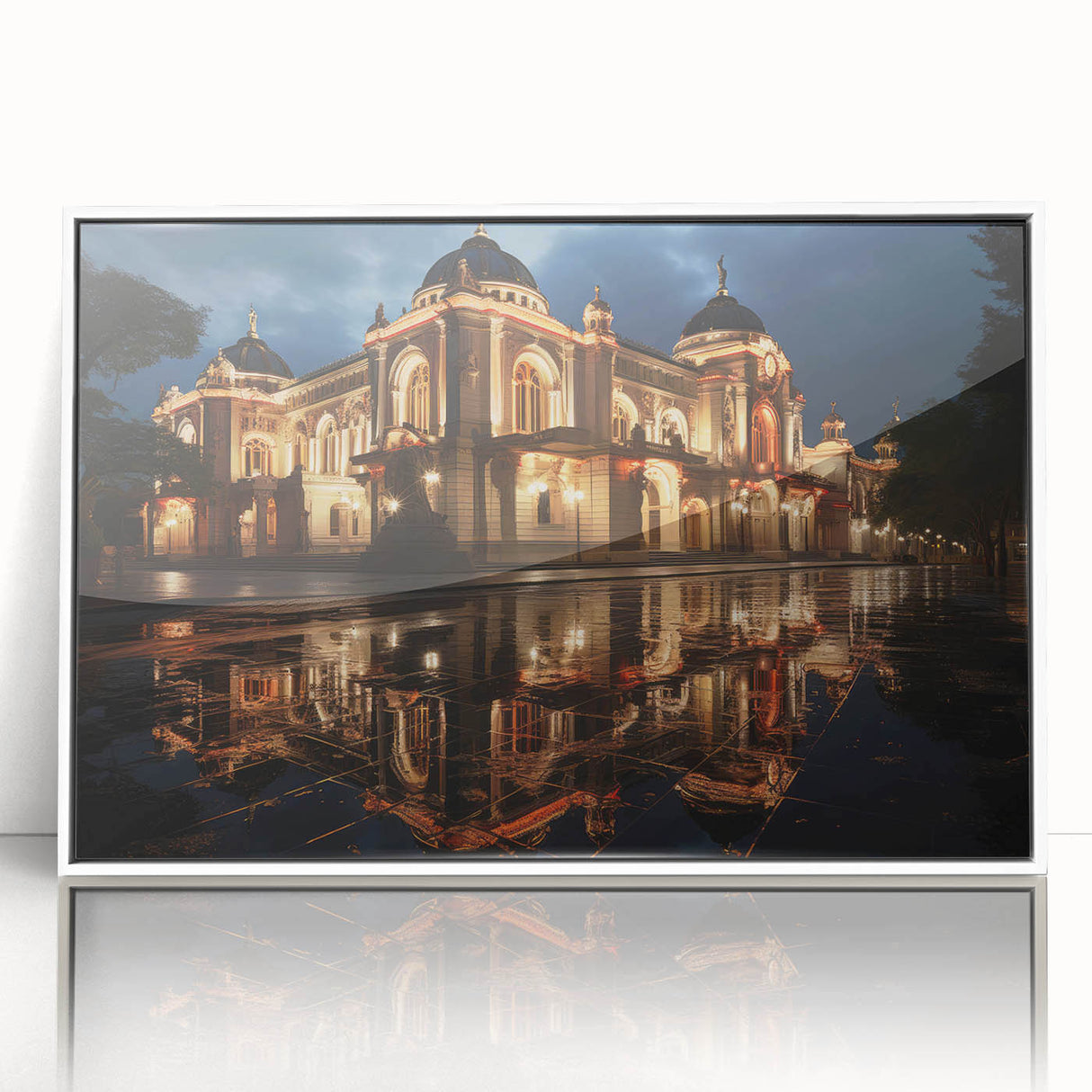 Mid-century modernist art depicting Sochi scenery in muted colors on a white-framed acrylic print.