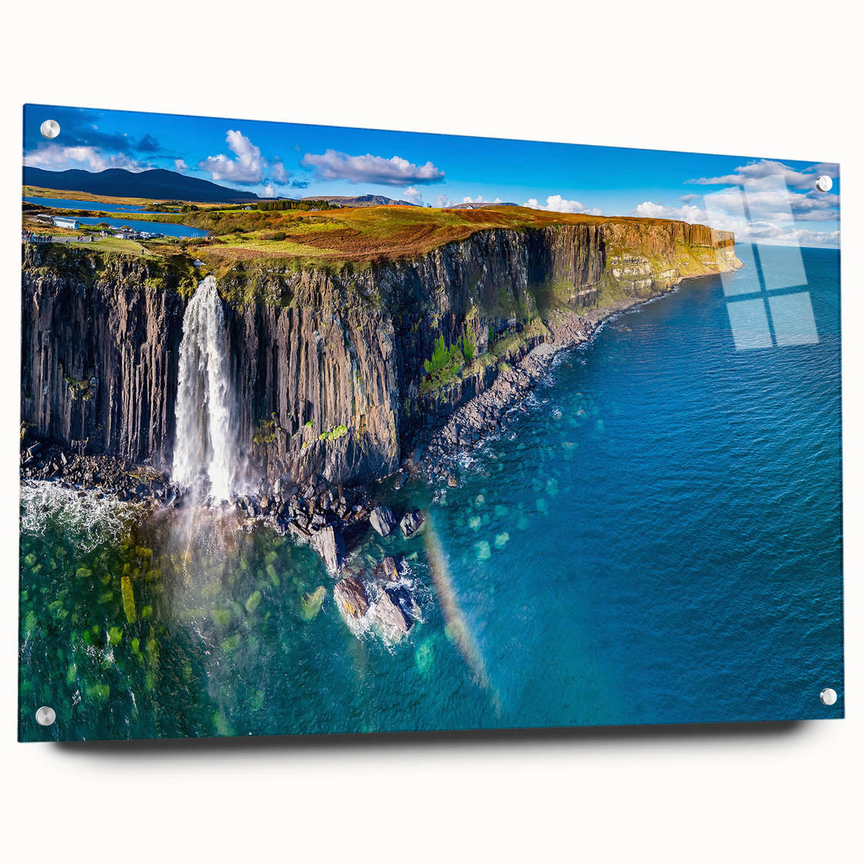 Acrylic print of a European Scottish landscape in muted green and blue tones, ideal for dining room decor.
