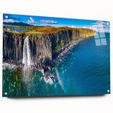 Acrylic print of a European Scottish landscape in muted green and blue tones, ideal for dining room decor.