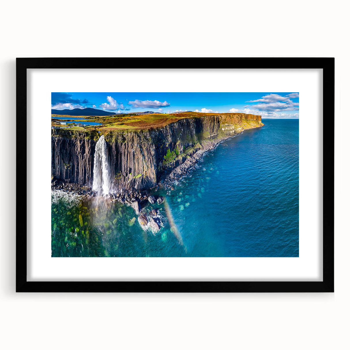 Extra large abstract art print of a colorful European landscape, textured appearance, in a black frame with mat.