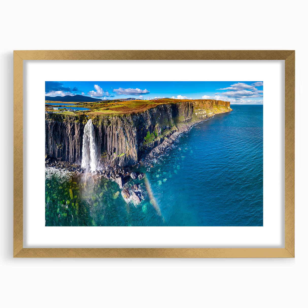 Abstract art print of a Scottish landscape in muted greens and blues, framed in gold, suitable for dining room decor.