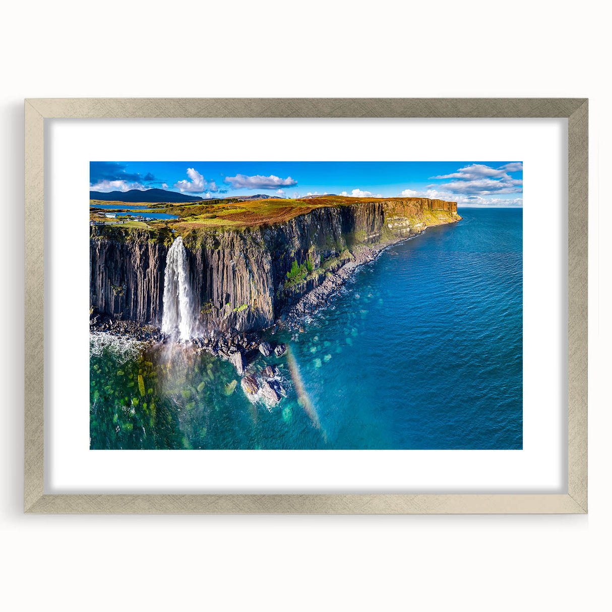Extra large abstract art print of a textured Scottish landscape in muted earth tones, framed in silver.