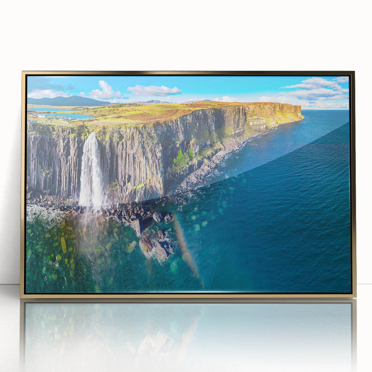 Art deco poster of a Scottish landscape in muted gold tones, acrylic print framed, ideal for modern art wall decor.