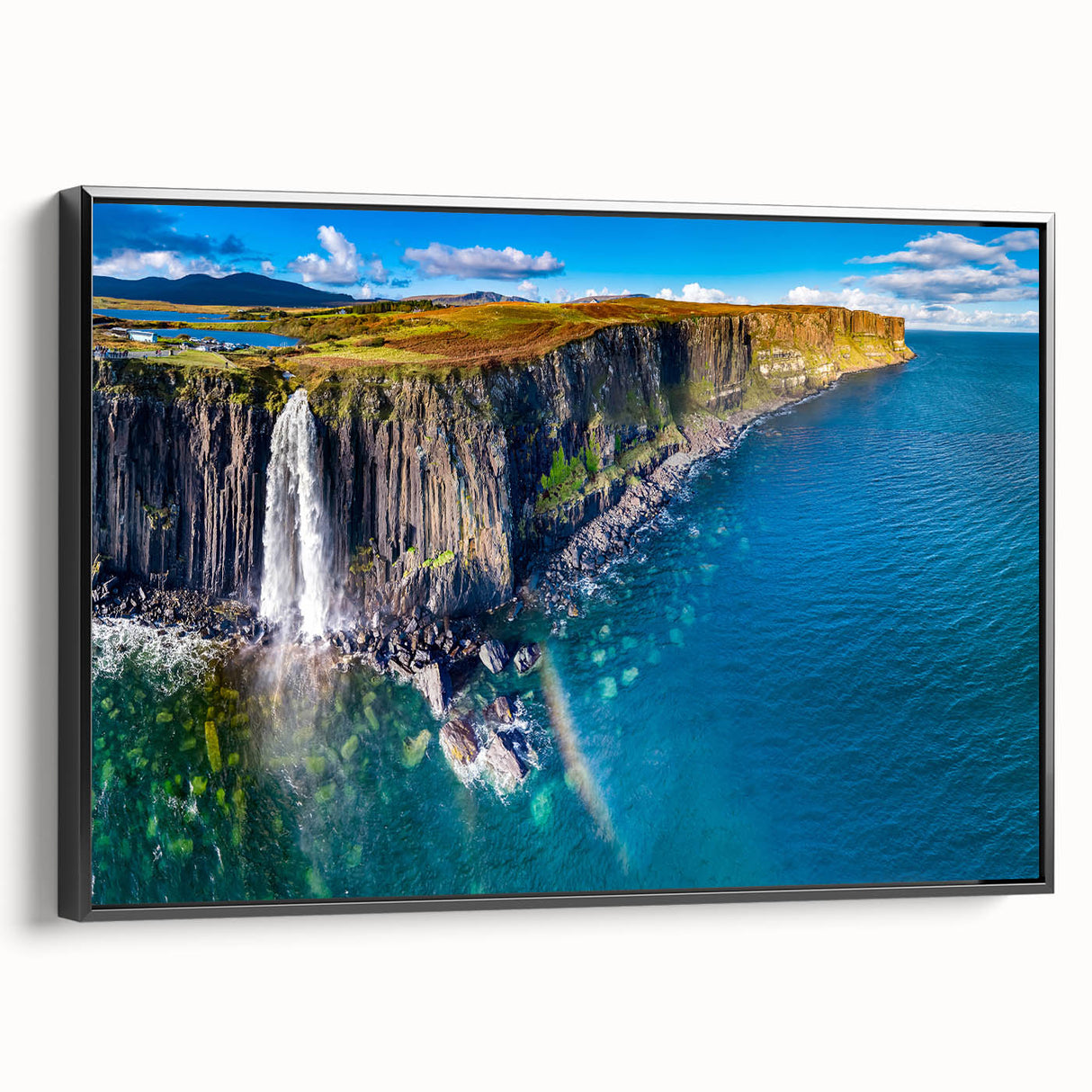 Black and white wall art featuring a vintage poster-style landscape of Scotland on framed canvas, ideal for bedroom decor.