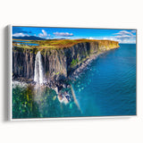 Vintage poster art of a Scottish landscape on a framed canvas, featuring vibrant green and blue tones.