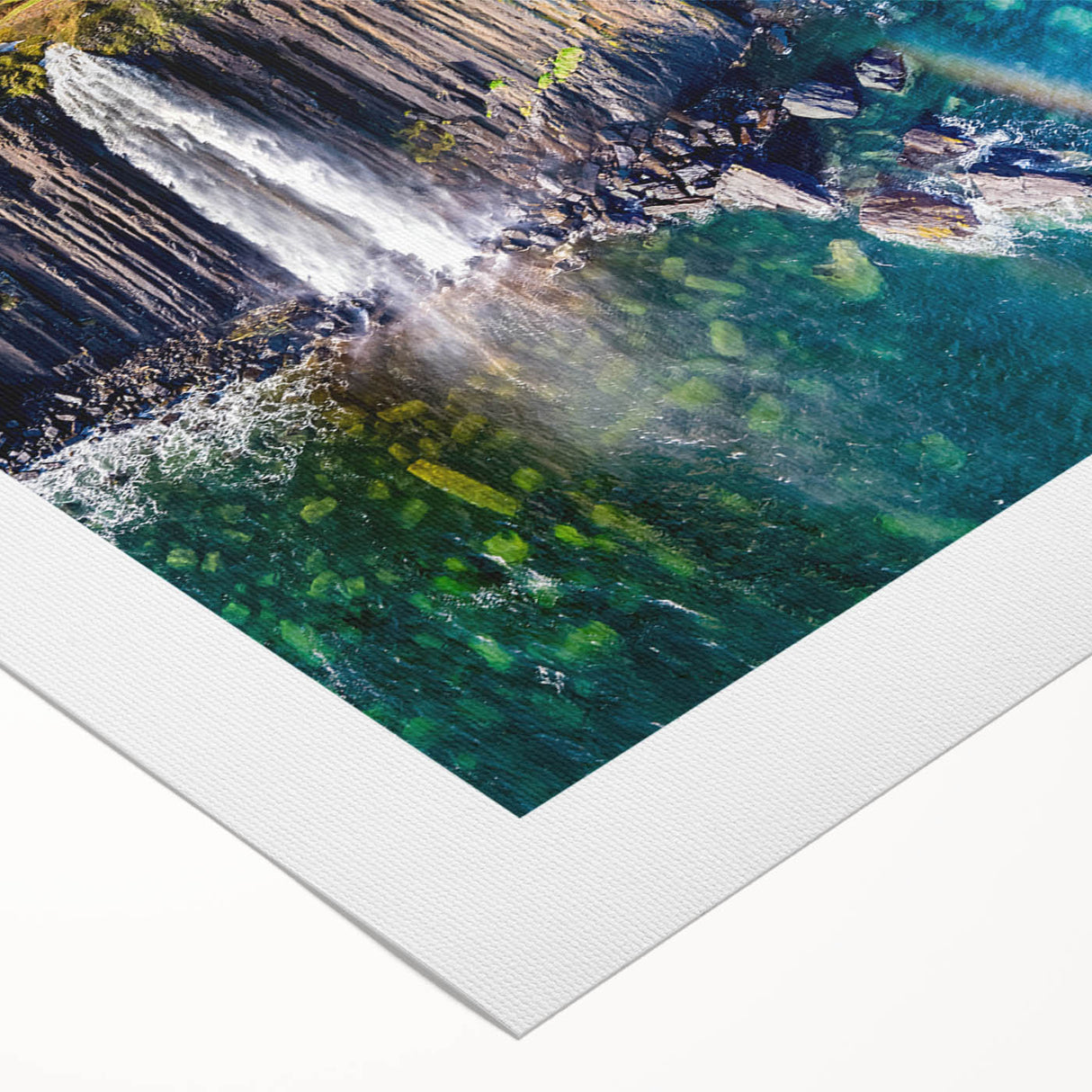 Art deco poster featuring a serene Scottish landscape on rolled canvas, suitable for dining room wall art.