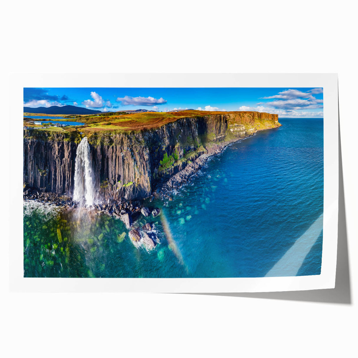 European Scottish landscape rolled print featuring muted green and blue tones, ideal for art wall dining room.