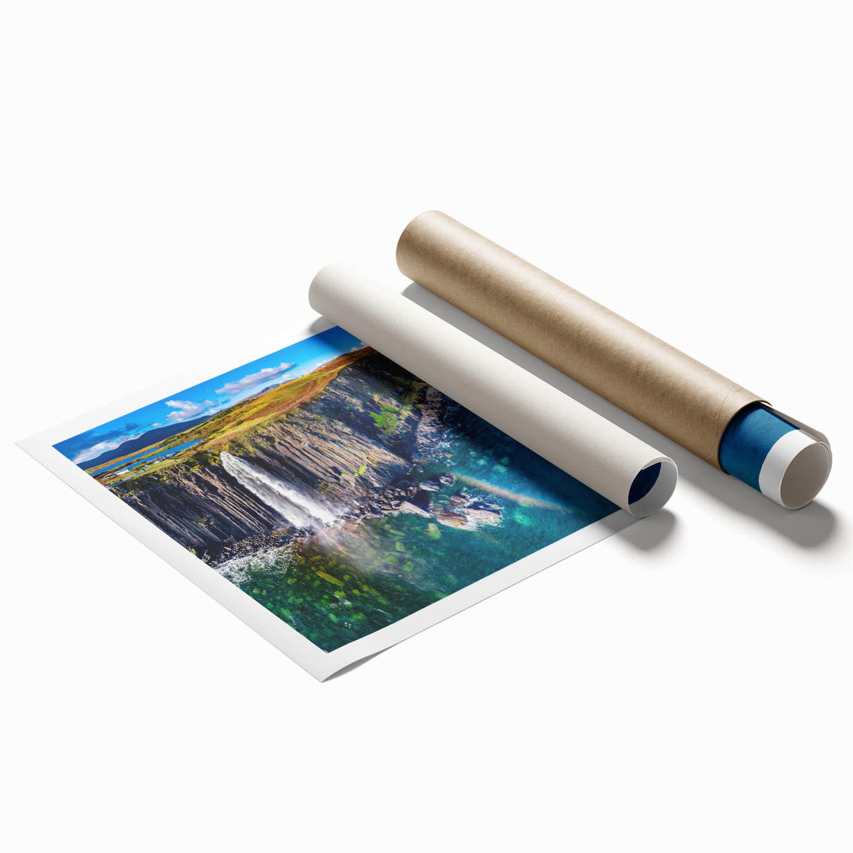 Extra large rolled print of a Scottish landscape with muted green and blue tones, ideal for classy bathroom wall art.