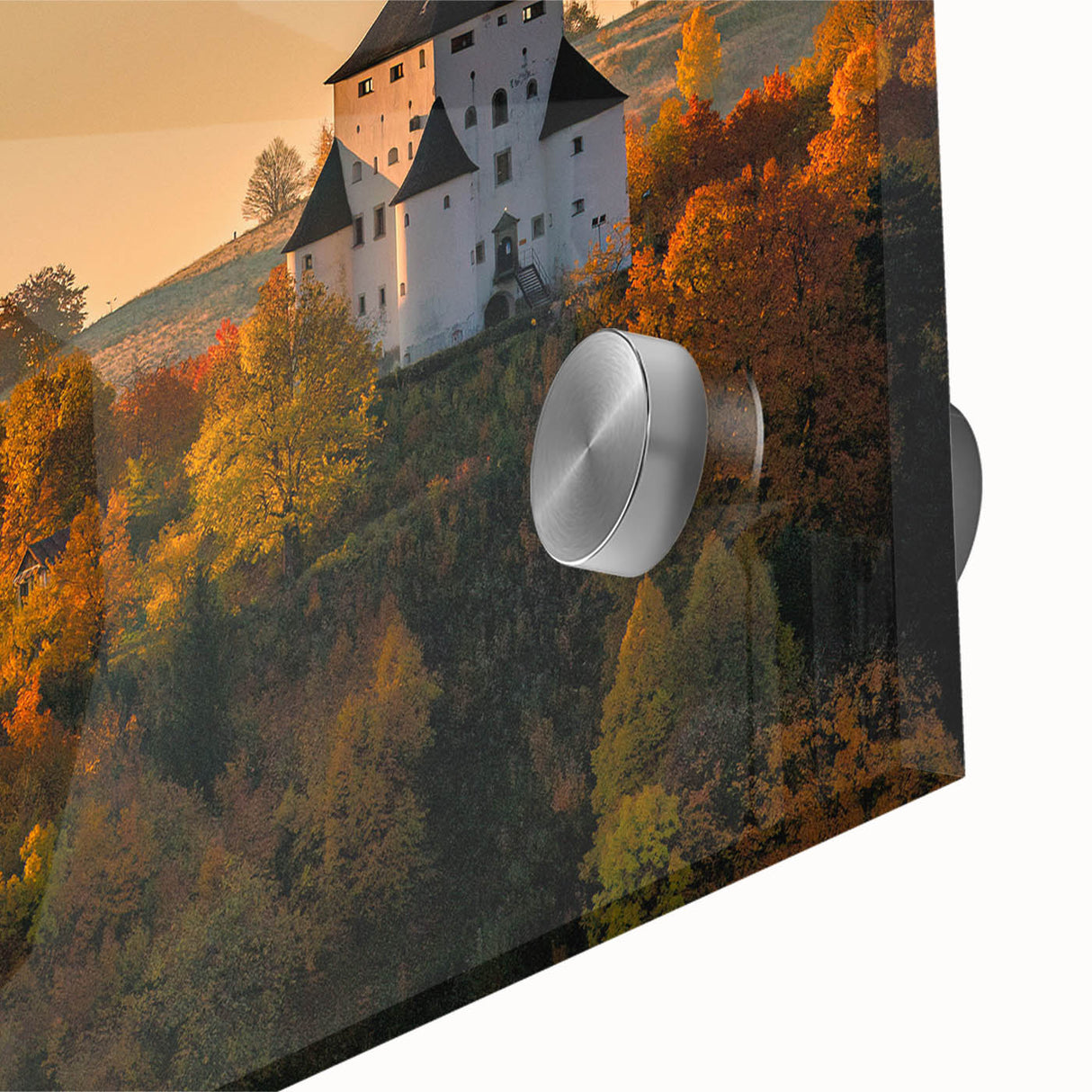 Large abstract wall art of a Slovakian landscape in muted earth tones on acrylic glass, ideal for dining room ambiance.